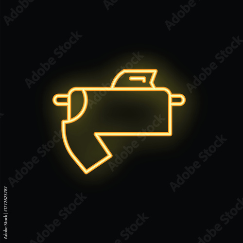 Yellow glowing neon icon of an iron ironing clothes on an ironing board