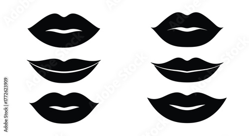 A collection of simple black silhouette lip shapes on a white background