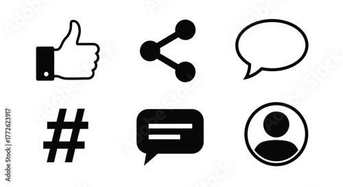 Black social media icons depicting likes shares comments and user profiles
