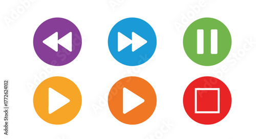 Colorful media player control icons showing play pause rewind and stop