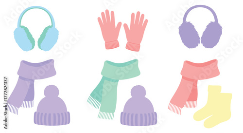Colorful winter accessories including hats scarves gloves and earmuffs displayed