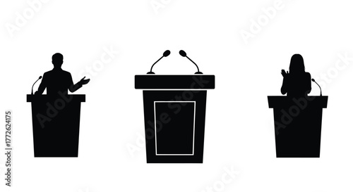 Silhouette of a speaker empty podium and audience member at event