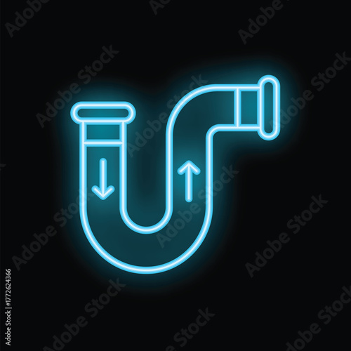 Glowing neon line industry metallic pipe icon isolated on black background. Plumbing pipeline parts of different shapes