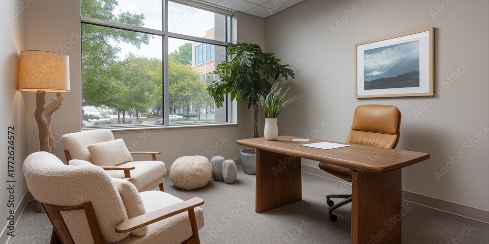 Fototapeta premium Modern office with large window, wooden desk, and cozy seating area