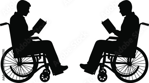 Silhouette of man in wheelchair reading book, disability awareness concept, education, independence, and learning illustration vector design