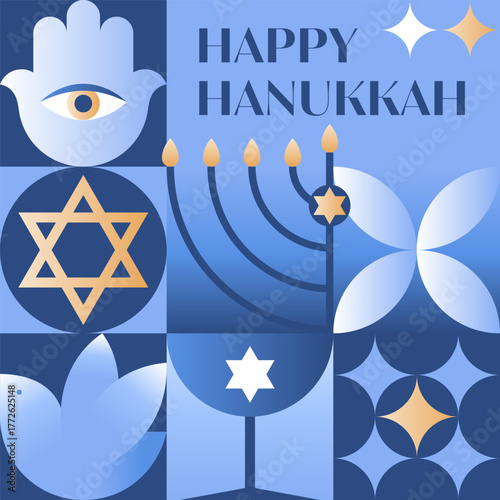 Hanukkah vector illustration.Festive background with menorah,dove,hamsa,David star in blue,gold and white colors.Jewish festival of lights greeting template for prints,covers,invitations.