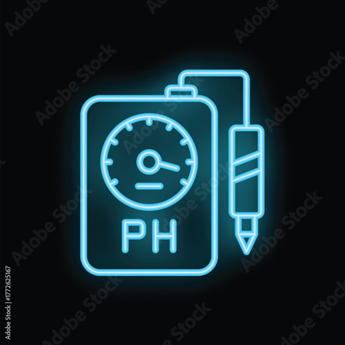 Glowing neon line icon of a digital ph meter showing ph level with probe, isolated on a black background