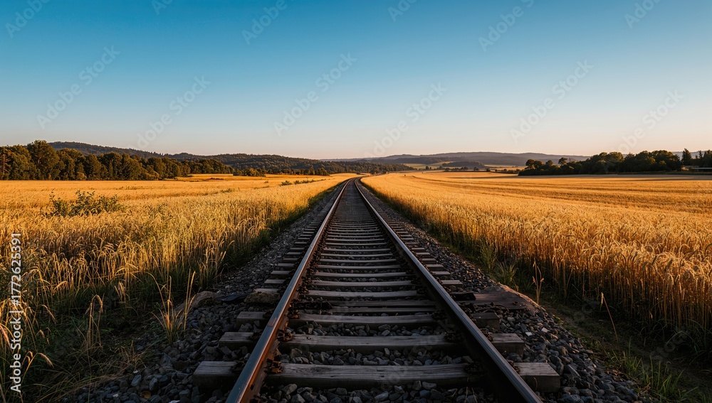 Fototapeta premium Rail lines intersecting through a vast golden grain field