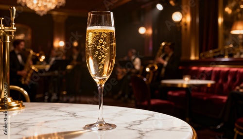 Elegant Champagne Flute with Rising Bubbles on a Marble Table in a Luxurious Nightclub with Live Jazz Music and Golden Ambient Light