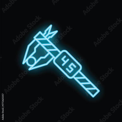 Blue neon icon of a vernier caliper measuring tool glowing on a dark background