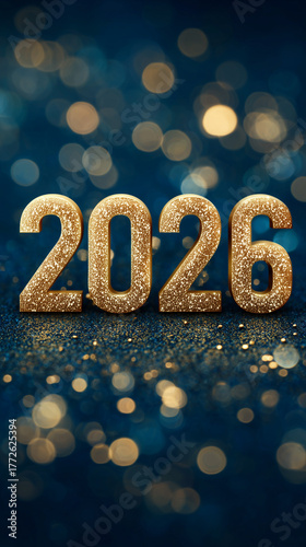 2026 Happy new year. Golden numbers 2026 on dark blue background. New years eve, celebration greeting card, banner, poster, post design. Concept 2026 New Year