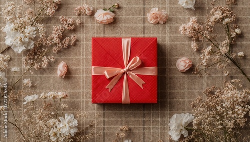 Red gift box isolated on plaid backdrop, a decorative item for Mother's Day or Women's Day