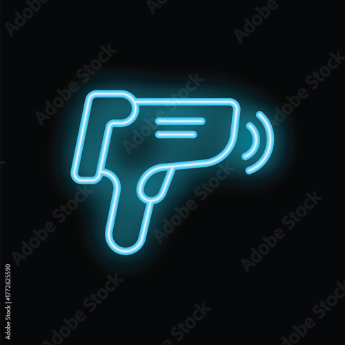 Digital infrared thermometer measuring temperature with neon light effect on black background