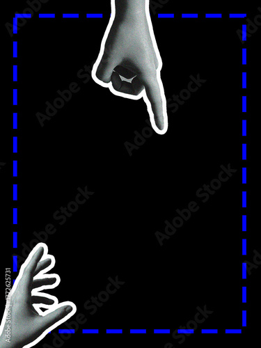 Hands Interacting Within a Blue Dashed Frame. invitation template, poster, concert banner, business presentation  