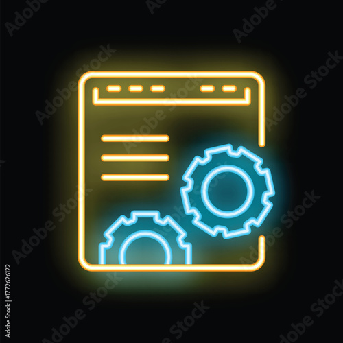 Free Download Neon sign representing website development, showing a browser window with gears, symbolizing the coding and technical work - GFXLoad