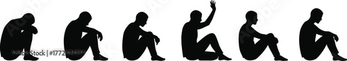 Silhouette of man sitting in different poses with emotion expression, depression, thinking, relaxing, raising hand, isolated vector illustration design