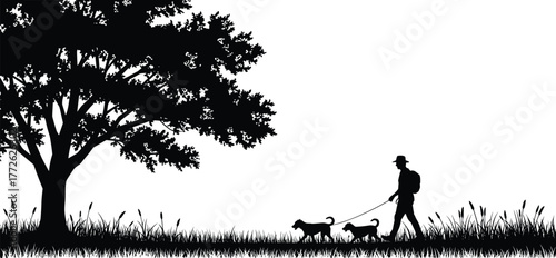 Silhouette of man walking dogs under tree, outdoor nature scene, pet walking activity, peaceful countryside landscape illustration design