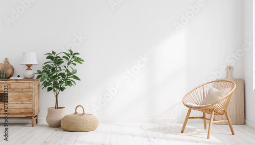 Fototapeta Naklejka Na Ścianę i Meble -  Minimalist white room featuring Boho style wall mockup with wooden furnishings