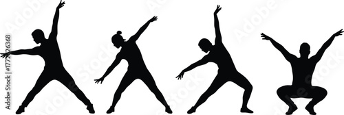 Silhouette of people dancing in various poses, modern dance movement illustration, fitness and flexibility concept on white background design