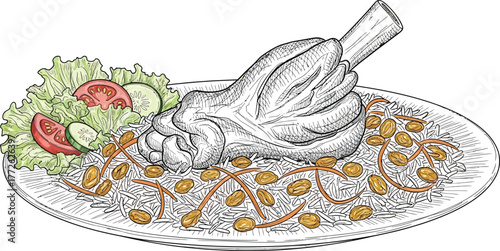 A detailed illustration of a lamb shank served on a bed of rice with raisins, accompanied by a fresh salad, showcasing a flavorful and visually appealing dish the intricate details capture the essence