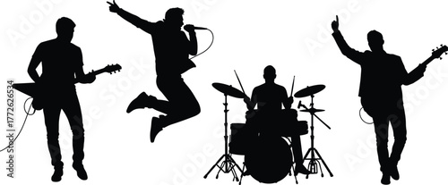 Silhouette of rock band musicians performing on stage with instruments, singer jumping, drummer playing, concert performance concept, live music energy