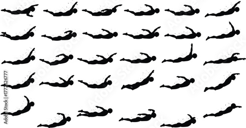 Silhouette of swimmer performing freestyle strokes underwater sequence, swimming motion illustration, athlete training concept for fitness, sports, and competition design
