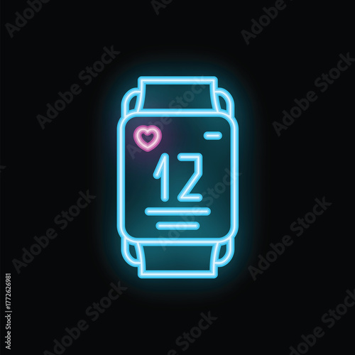 Neon smart watch displaying heart rate monitor and number twelve on black background