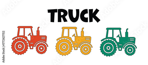Three colorful tractors in red yellow and green with the word truck written in bold letters above them