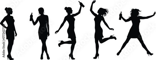 Silhouette of women drinking and dancing with bottles, female party celebration poses, stylish ladies having fun, nightlife illustration design