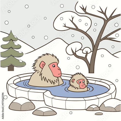 Charming illustration of japanese macaques relaxing and soaking in a natural hot spring surrounded by serene winter scenery