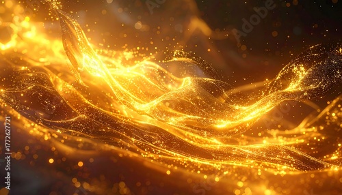 Glowing, ethereal, abstract illustration of golden light strands undulating against a dark backdrop, with sparkling particles throughout