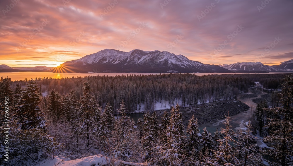 Obraz premium Stunning sunset over a forest landscape, seasonal change