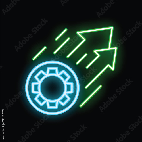 Neon sign of a blue gear wheel moving up with green arrows on a black background, symbolizing business success