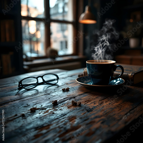 Dark, distressed wooden table surface