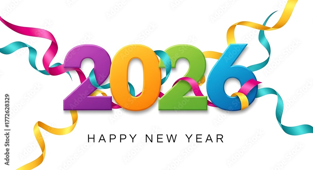 Fototapeta premium Happy new year 2026 celebration with colorful ribbons and festive confetti bright