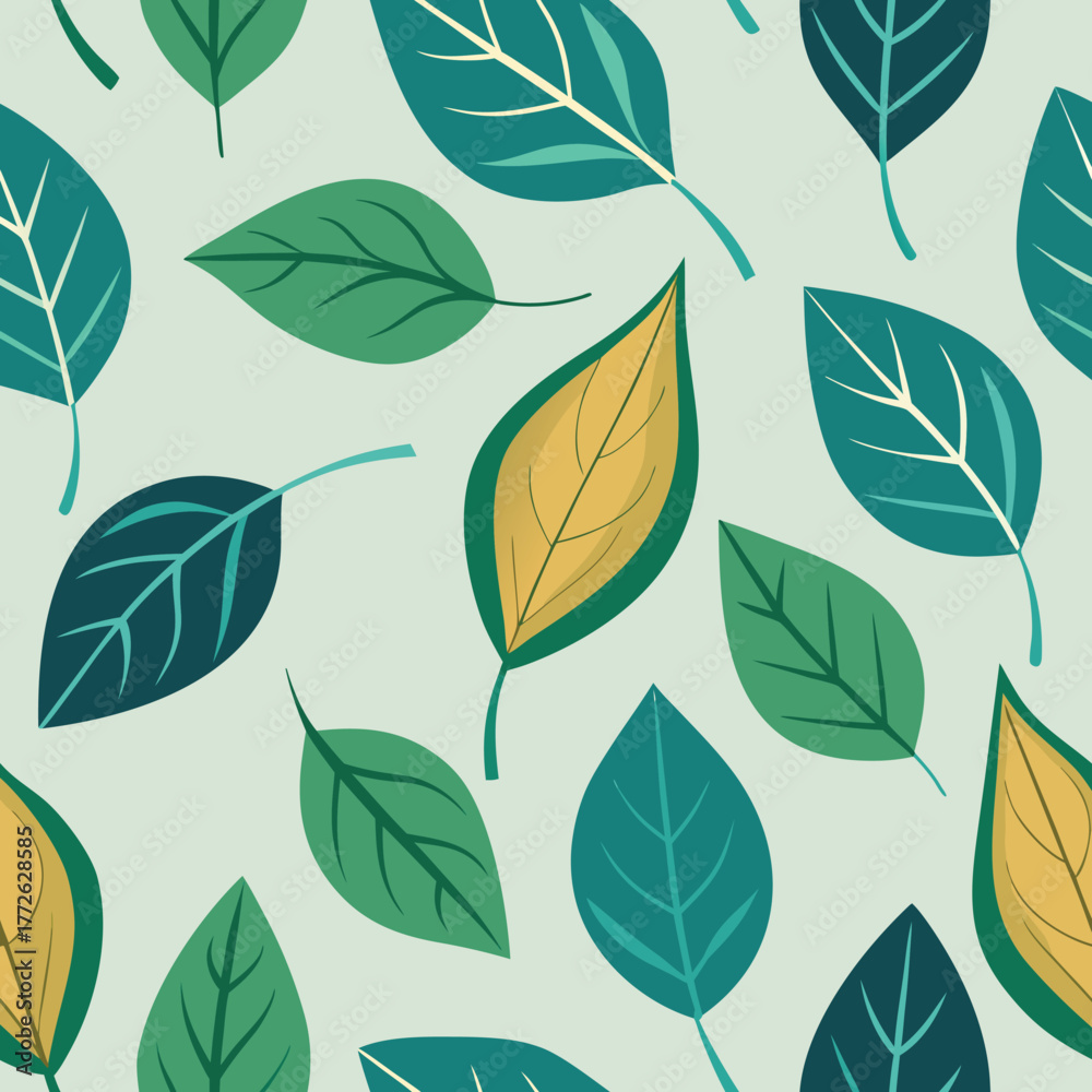 Obraz premium Seamless pattern of fresh green and yellow autumn leaves falling gently