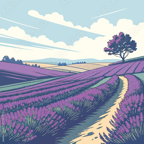 Vibrant lavender fields stretch across rolling hills under a clear bright blue sky evoking a sense of natural beauty and tranquility in a picturesque landscape