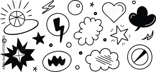 Collection of hand drawn doodle icons including star heart lightning bolt and abstract shapes
