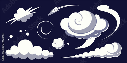 Whimsical night sky elements featuring clouds moon and shooting stars for fantasy art
