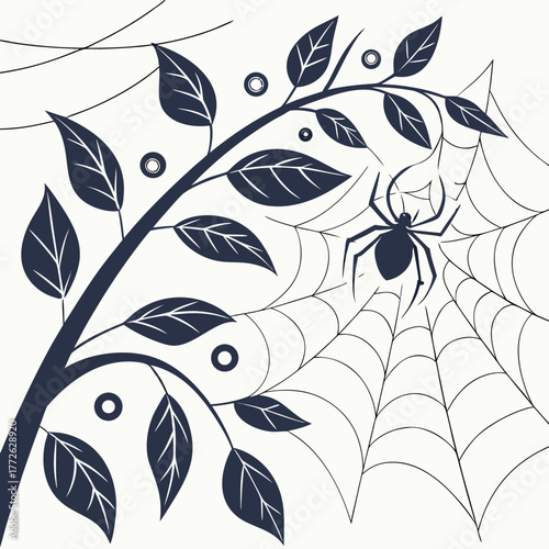 A stylized dark blue spider sits patiently on its intricate web surrounded by dark blue leaves on a tree branch against a white background