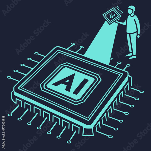 A stylized illustration depicting a person holding a microchip with the letters ai on it projecting a beam of light onto a giant ai central processing unit chip