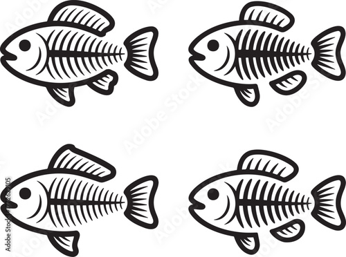 Set of Fish Skeleton Outline vector illustration isolated On Transparent Background