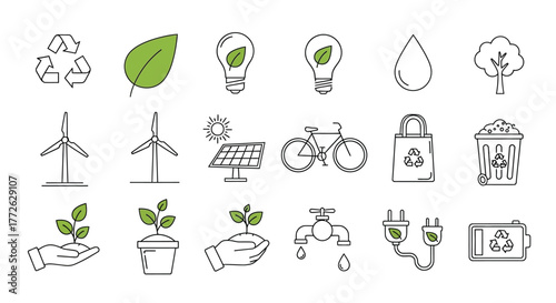 Eco Energy Icon Set – Green Ecology and Environmental Vector Design with Recycling, Water, and Earth Symbols