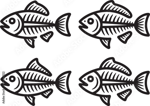 Set of Fish Skeleton Outline vector illustration isolated On Transparent Background