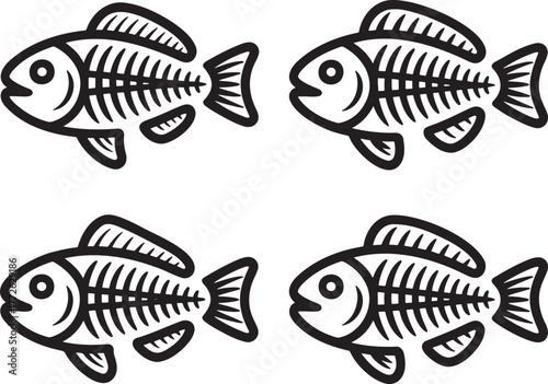 Set of Fish Skeleton Outline vector illustration isolated On Transparent Background
