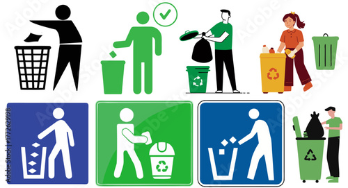 Waste disposal and recycling icons set. People throwing trash in bins, eco-friendly, environment, sustainability, and waste management concept illustration.
