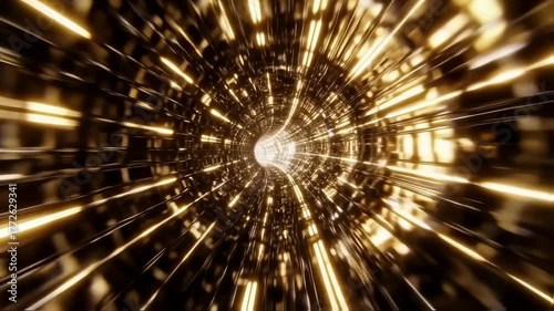 A glowing gold and dark tunnel rushes towards a bright, central point of light