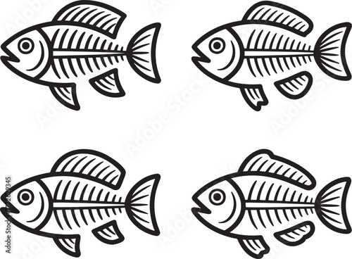 Set of Fish Skeleton Outline vector illustration isolated On Transparent Background