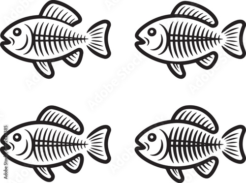 Set of Fish Skeleton Outline vector illustration isolated On Transparent Background