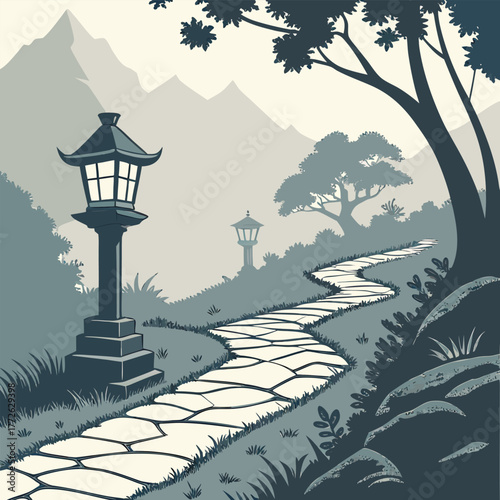 Enchanting misty mountain path adorned with ancient stone statues creating a serene and mystical landscape illustration